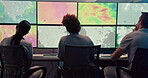 Computer, screen and people with map, office and broadcast for news and research. Discussion, ecology and weather team with forecast for media report, meteorology update and climate change satellite