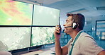 Computer, screen and man with map, office and broadcast for news and research. Discussion, ecology and weather person with forecast for radio report, meteorology update and climate change satellite
