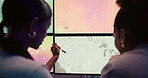 Computer, screen and women with map, office and broadcast for news and research. Discussion, ecology and weather people with forecast for media report, meteorology update and climate change satellite