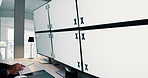 Tracking markers, mockup space and hands by computer screen typing for online research with stock market. Technology, email and male financial manager with blank desktop in office for profit report.