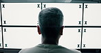 Tracking markers, mockup space and back of people by computer screen typing for research with stock market. Technology, email and financial advisors with blank desktop in office for profit report.