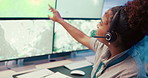 Computer, screen and woman with ecology, office and broadcast for news and research. Discussion, map and weather person with forecast for radio report, meteorology update and climate change satellite
