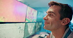 Computer, screen and man with satellite, smile and broadcast for news research. Ecology, journalist and weather person with forecast for study report, meteorology update and climate change map