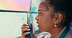 Computer screen, radio and satellite with woman in office for climate, geology or meteorology. Communication, update and weather patterns with person in control room for atmosphere monitoring