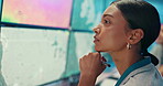 Woman, thinking and computer with screen for map, climate change and planning for weather forecast. Office, coworking and reporter with thoughts for satellite review, meteorology update and monitor