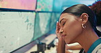 Computer screen, tired woman and headache in office for meteorology, exhausted and burnout. Stress, fatigue and worker with migraine, sick and pain by monitor for weather forecast or climate change