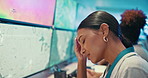 Stress, tired woman and headache in office for meteorology, exhausted and burnout by computer screen. Pain, fatigue and worker with migraine, sick or overwork with weather forecast for climate change