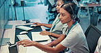 Woman, computer and screen to explain in control room to monitor weather, climate change and report. Person, headset and online map for satellite update, study storm pattern and disaster surveillance