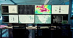 Computer, screen and satellite data in control room for weather pattern, climate prediction or storm tracker. Meteorology, maps and surveillance technology for atmosphere conditions or rocket launch 