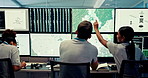 Computer, screen and people with satellite, data and broadcast for news research. Discussion, ecology and weather team with forecast for media report, meteorology update and climate change map study