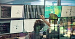 Talk, computer and screen with people in control room to monitor weather, climate change and advice. Staff, information and online for satellite update, study storm pattern and disaster surveillance
