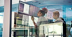 People, computer and screen with radio in control room to monitor weather, climate change and advice. Staff, information and online of satellite update, study storm pattern and disaster surveillance

