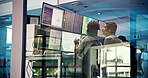 People, computer and screen with satellite in control room, monitor weather and climate change. Staff, discussion and online report for forecast update, study storm pattern and disaster surveillance
