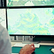 Man Climate Control Computer Computer screen, hand and weather with man in office to monitor climate ...