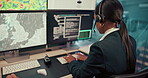 Back, computer screen and typing with woman in weather control room for climate forecasting. Display, geology and update with person in airport traffic tower for flight patterns or meteorology
