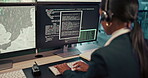 Computer screen, headset and typing with woman in weather control room for climate forecasting. Display, geology and meteorology with back of person in airport traffic tower for surveillance update
