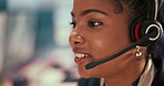 Airport, headset and surveillance with woman in control room to monitor climate or weather. Communication, feedback and satellite update with person in air traffic office for geology or meteorology