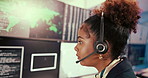Airport, headset and satellite with woman in office to monitor climate or weather. Communication, feedback and surveillance update with person in air traffic control room for geology or meteorology
