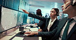 Computer screen, control room and pointing with people in weather pattern office to monitor satellite map. Climate, geology and meteorology group in airport for brainstorming or global warming