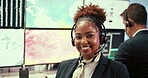 Computer screen, face and smile of woman in control room of airport to monitor climate or weather patterns. Meteorology, satellite and surveillance with happy person in office for air traffic safety