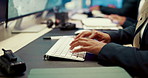 Hands, business and woman in office, keyboard and computer with radio, typing and network. Person, closeup and employee with deadline, cyber security and surveillance with technology and connection