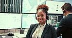 Face, smile and surveillance with woman in control room of airport to monitor climate or weather patterns. Computer screen, headset and satellite with happy meteorologist in air traffic office