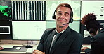 Computer screen, face and smile of man in control room of airport to monitor climate or weather patterns. Headset, meteorology and satellite with happy person in office for air traffic safety