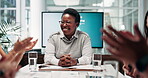Office, business people and woman with applause for celebration, finance success and feedback. Meeting, employees and financial analyst with update for company growth, achievement or team for support