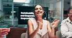Applause, high five and workshop with business woman for sustainability program, meeting and support. Winner, corporate responsibility and celebration with people in agency for project and good news 