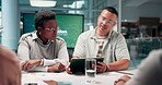 Office, planning and tablet with business people in meeting for teamwork, workshop and company report. Speaker, project management and innovation with employees for feedback, research and review