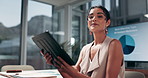 Woman, face and happy with tablet in office, graphs or excited for review, results or stats for startup. Person, charts and portrait with touchscreen, app or project management at company in Colombia