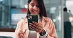 Hands, phone and scroll at office, startup or woman for wellness, smile or system test for mobile app. Person, happy and developer for launch, results or reading reviews for employee health program