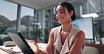 Happy, business woman and browsing with tablet at office for corporate performance, review or statistics. Female person, analyst or employee with smile on technology for company growth at workplace