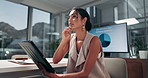 Woman, tablet and thinking at night, office or problem solving with project management at startup. Person, decision and charts with digital touchscreen, application or review for solution at company