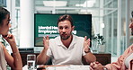 Man, meeting and employee in office for mental health, explain and discussion with steps at workshop. Speaker, presentation and group with advice, listening and info for staff wellness at startup