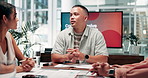 Business people, tablet and brainstorming in office, meeting and recruitment ideas. Employees, coworking and consultants in workplace, cooperation and support with teamwork, feedback or collaboration