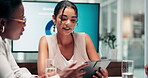 Office, business people and women with tablet for meeting, finance report and company performance. Team, project manager and financial advisor with digital for investment update, review and feedback
