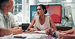 Business people, tablet and woman in office, meeting and recruitment ideas for project. Employees, coworking and consultants in workplace, cooperation and support with teamwork and conversation