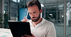 Creative, businessman and thinking with tablet at night for research, web design or onlne marketing at office. Man, employee or designer working late with technology for project deadline at workplace