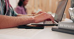 Laptop, man hands and online for college assignment, typing and research for studying module. Business course, fingers and keyboard for university education, person and web for learning development