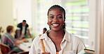 Face, smile and student for education in class with books, learning and confidence of college study. Happy, female person or portrait, ready for lesson and scholarship opportunity of knowledge growth