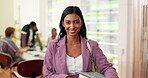 Face, happy and student for education in class with books, learning and confidence of college study. Smile, female person or portrait, ready for lesson and scholarship opportunity of knowledge growth
