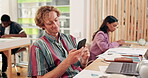 Smile, student and phone with man in classroom for research project, college news and learning app. Reading, scholarship application and mobile with person in University for planning and contact