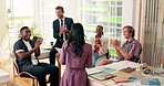 Education, students and professor in discussion at college with applause for exam pass. Scholarship, university and back of woman with group of people and lecturer for study tips with test questions.