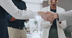 Handshake, applause and team in office with celebration, promotion and congratulations for performance. Business people, cheers and goals with support, motivation and achievement at insurance agency