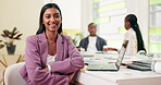 Arms crossed, face and laptop with business woman at boardroom table in office for meeting or planning. Computer, happy or smile and employee in workplace with colleagues for development or research