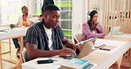 Laptop, typing and man in college for learning, education or writing thesis for business study. Computer, university or student with exam preparation, research project or knowledge with online course