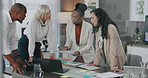 Business people, meeting and paperwork with planning for project and cooperation with sales report. Employees, laptop or consultant profit growth and documents with connection discussion or talking