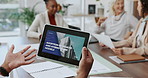 Business people, hands or meeting with tablet screen for discussion or conversation at office. Closeup, employee or presentation with technology display for remote, hybrid or work models at workplace