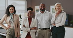 Office, professional and face of business people with crossed arms for about us, confidence and company pride. Teamwork, corporate and portrait of men and women for collaboration, support and growth